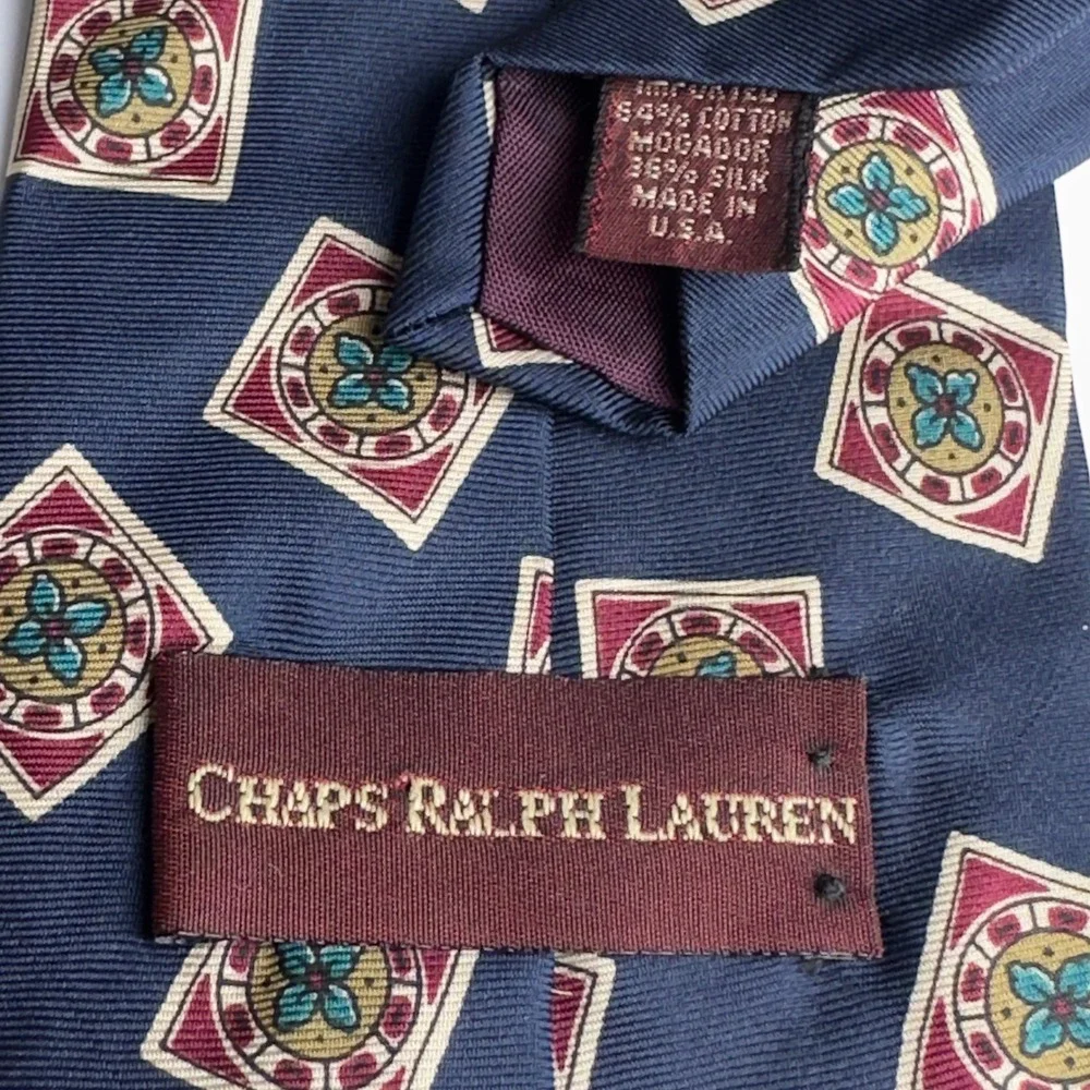 Chaps Ralph Lauren Men Navy Blue Geometric Medallion Cotton Silk Mogador Tie USA